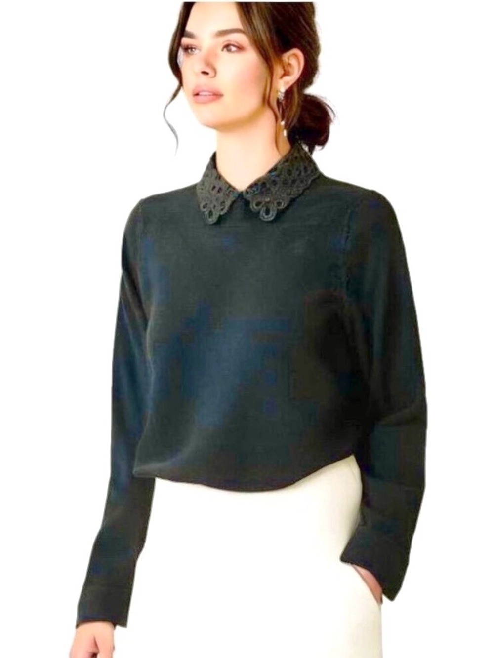 Club Monaco 100% Merino Wool Sweater Eyelet Lace Collar Keyhole Back Black XS